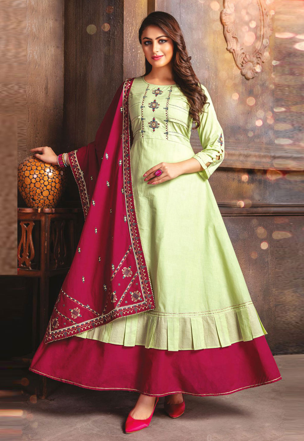 Light Green Cotton Readymade Ankle Length Anarkali Suit 217028