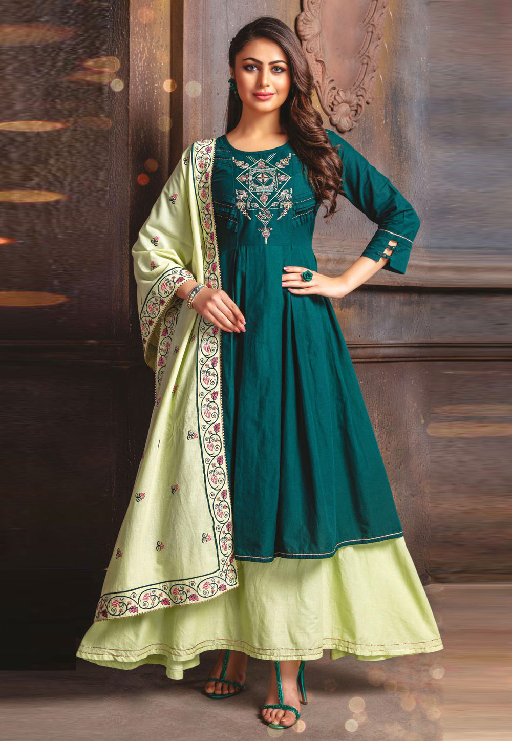 Teal Cotton Readymade Abaya Style Anarkali Suit 217029