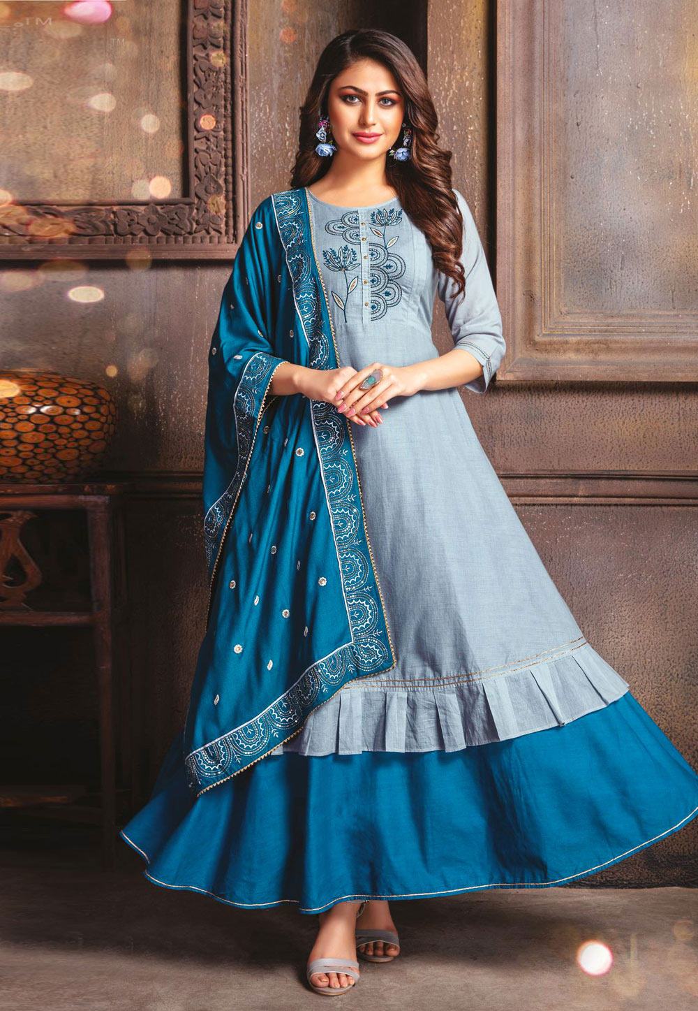 Grey Cotton Readymade Ankle Length Anarkali Suit 217030
