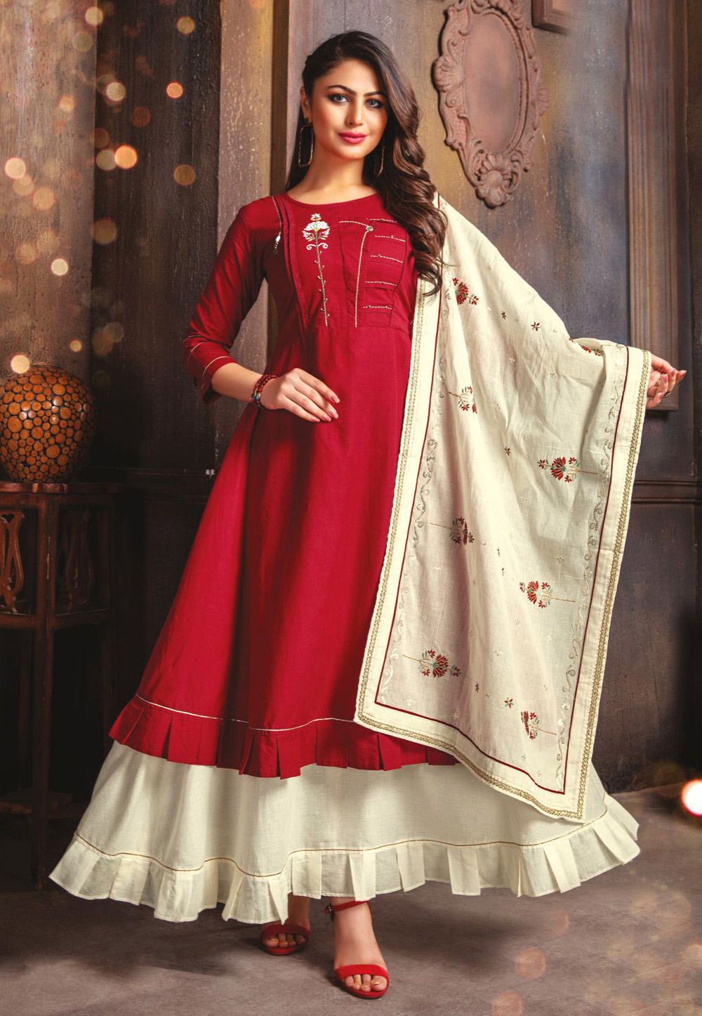 Red Cotton Readymade Abaya Style Anarkali Suit 217031