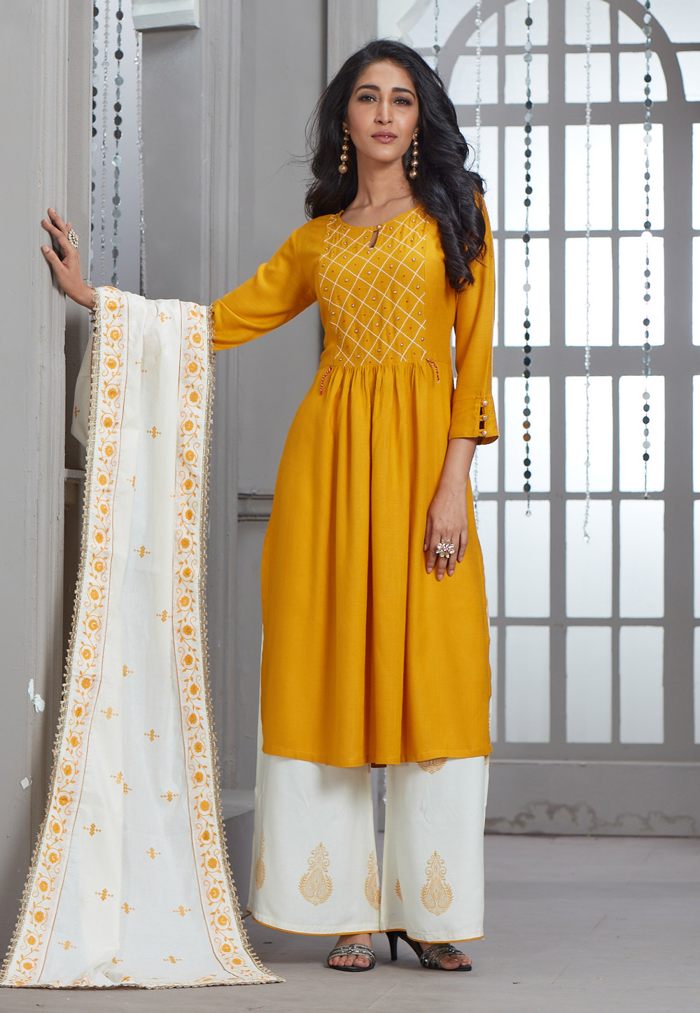 Yellow Chanderi Silk Readymade Palazzo Suit 217090