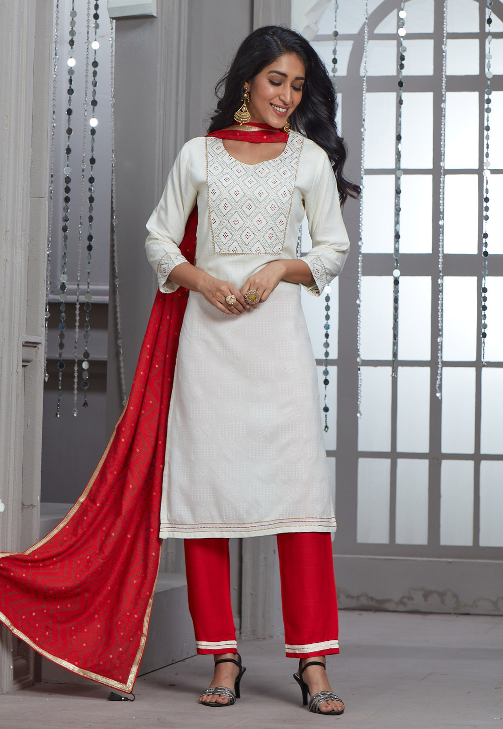 White Chanderi Silk Readymade Kameez With Pant 217092