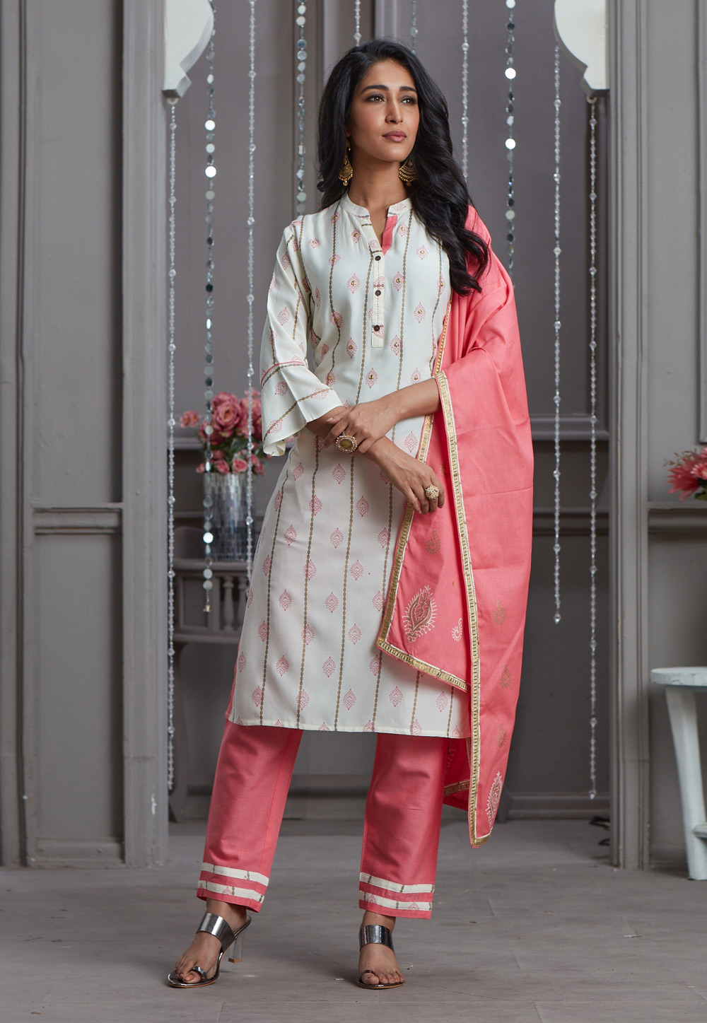 Off White Chanderi Silk Readymade Pant Style Suit 217094