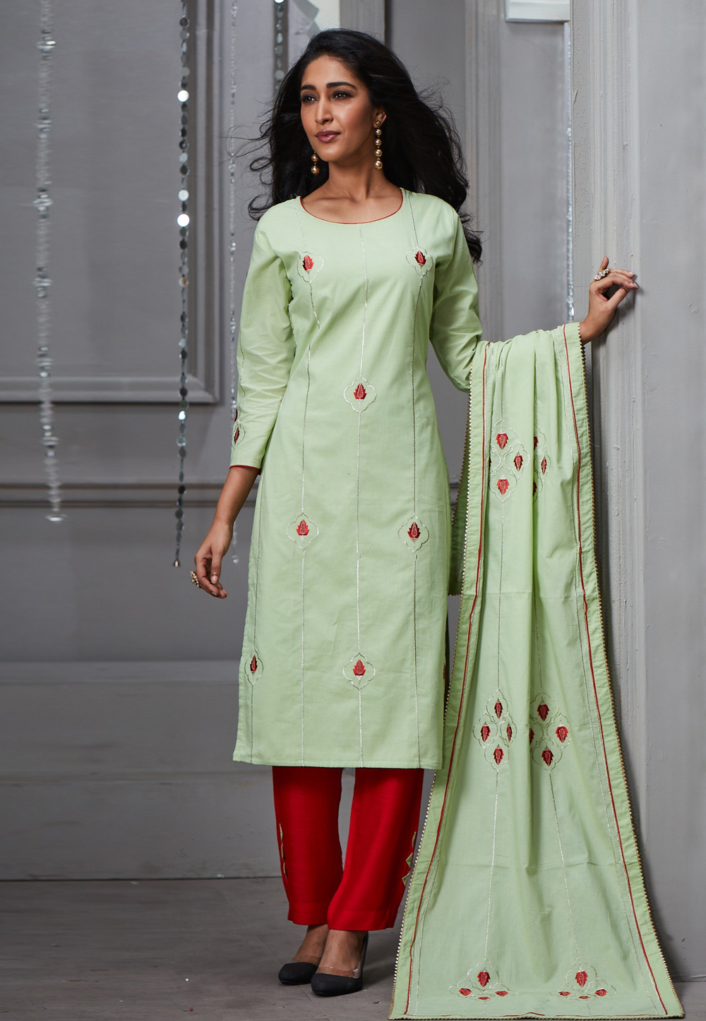 Light Green Chanderi Silk Readymade Pant Style Suit 217096