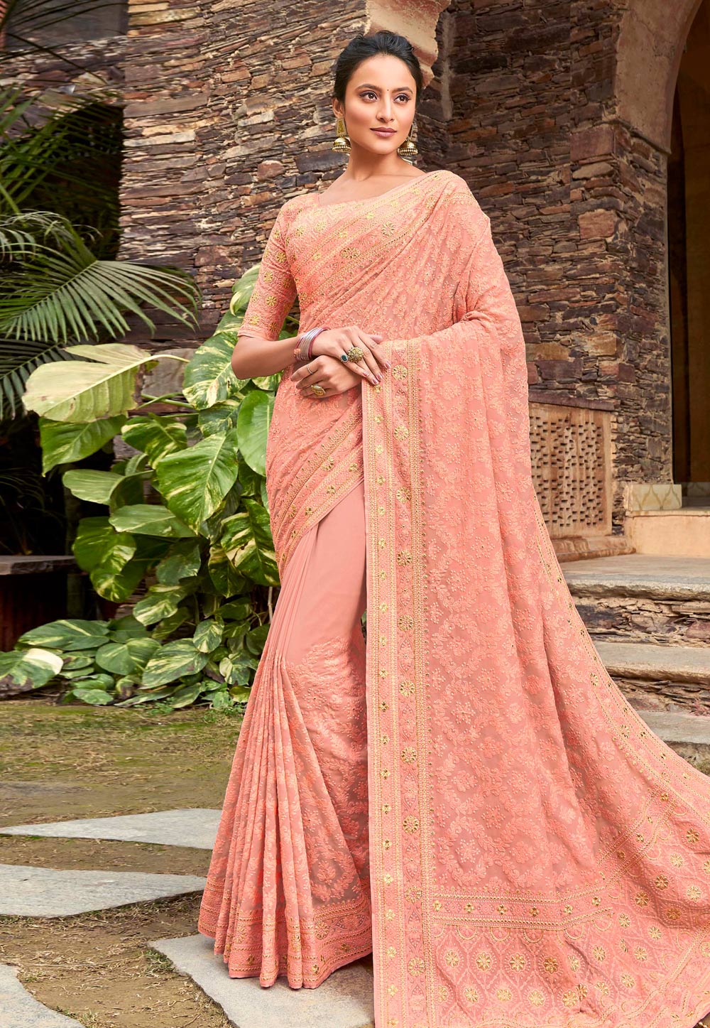 Peach Satin Georgette Saree With Blouse 211986