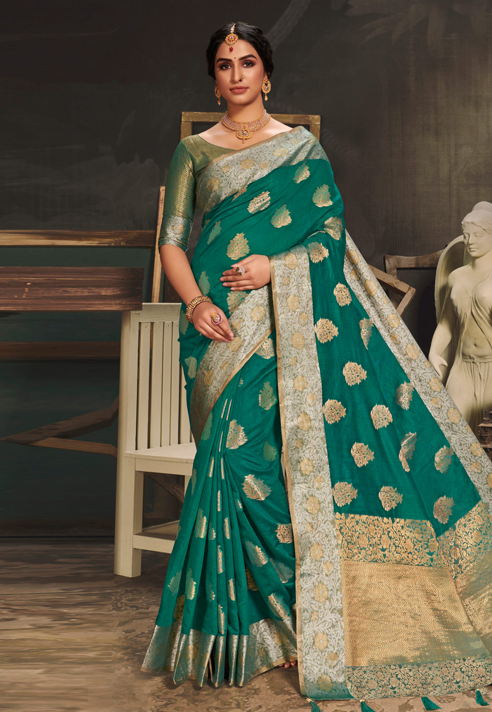 Green Cotton Silk Saree With Blouse 217275