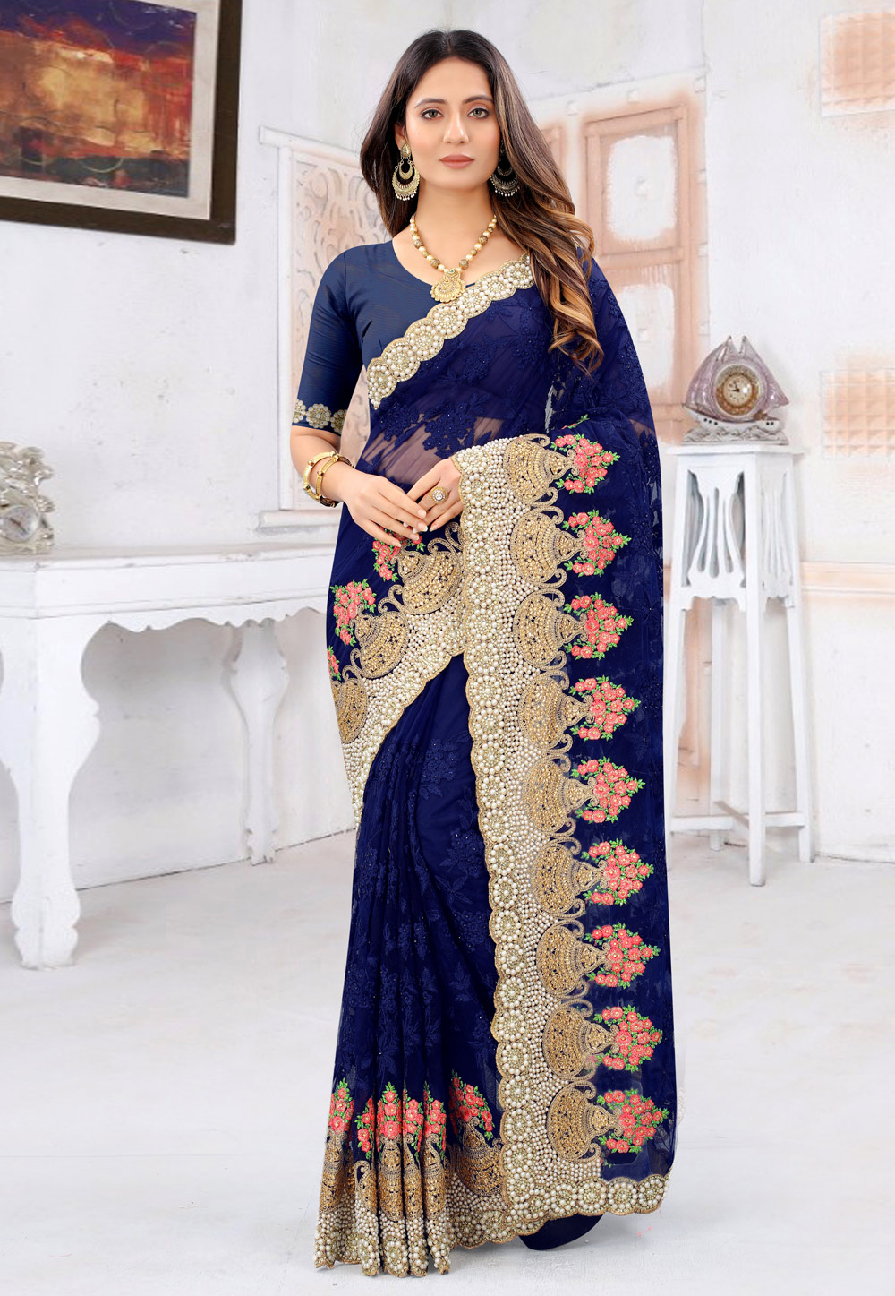 Navy Blue Net Saree With Blouse 236890