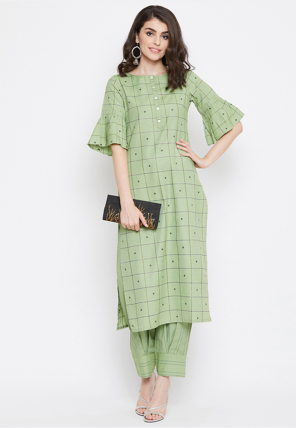 Green Cotton Readymade Printed Kurta Set With Pant 207646