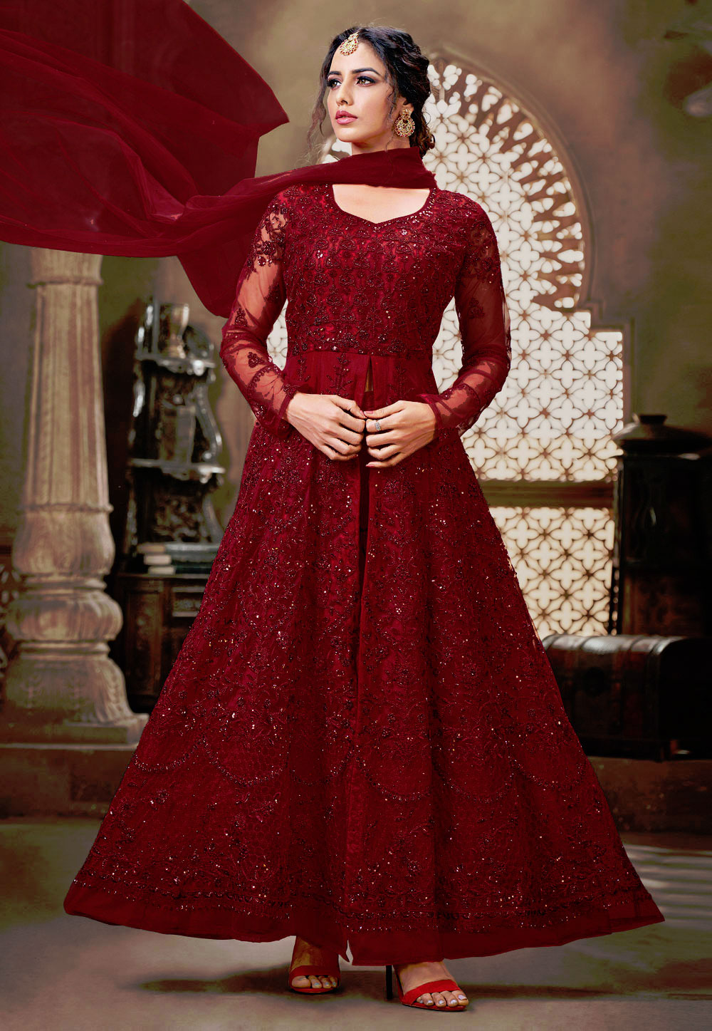 Red Net Embroidered Center Slit Anarkali Suit 205516