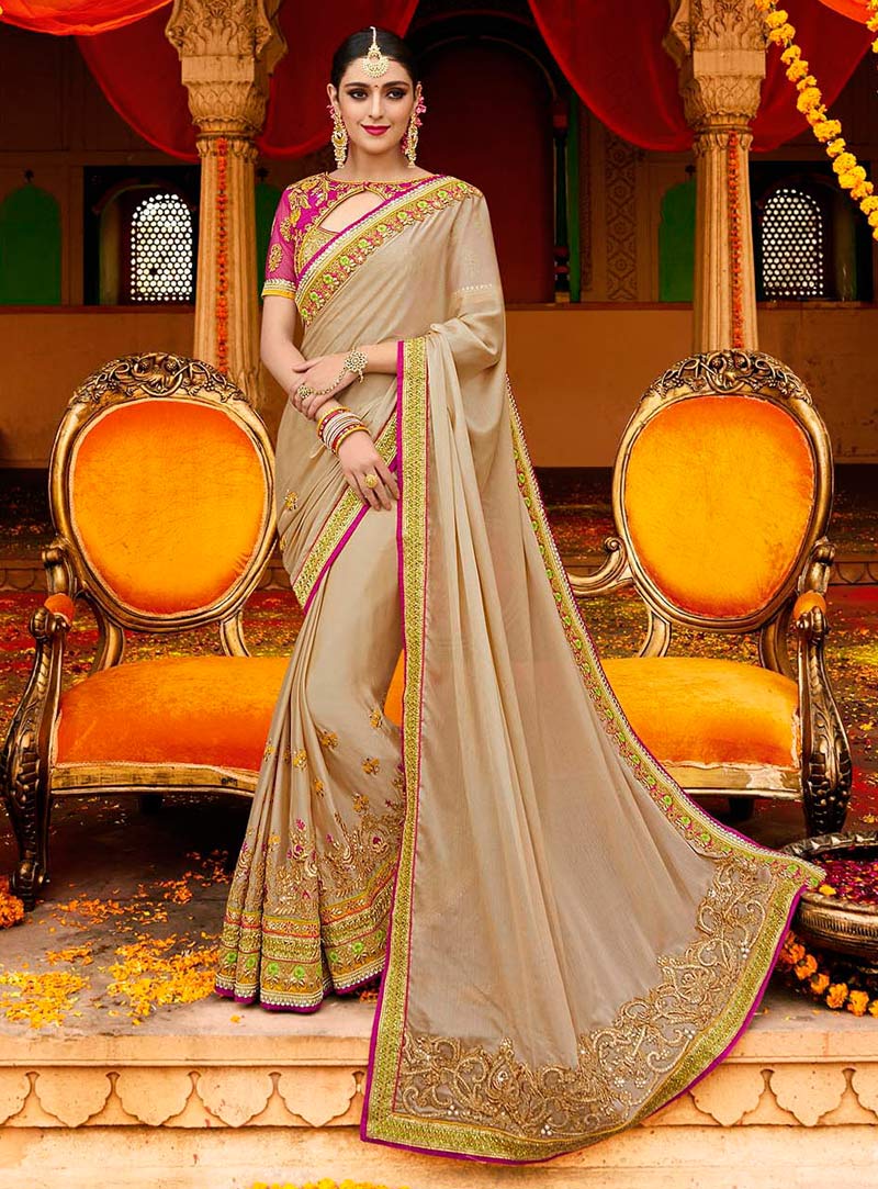 Beige Silk Wedding Saree 87502
