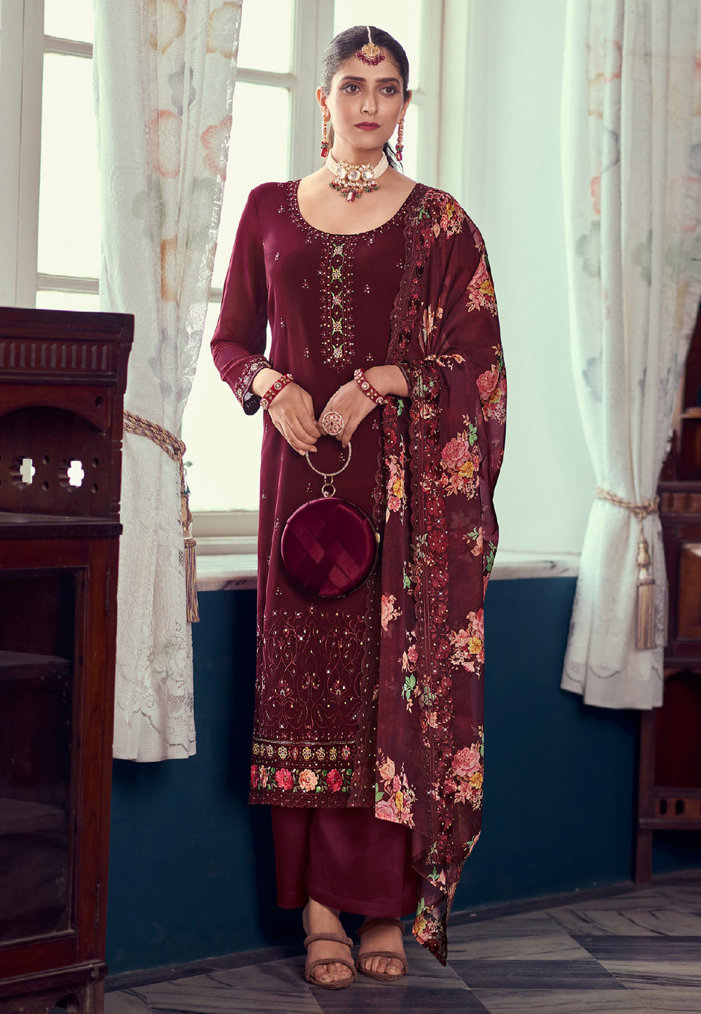 Wine Georgette Pant Style Suit 267267