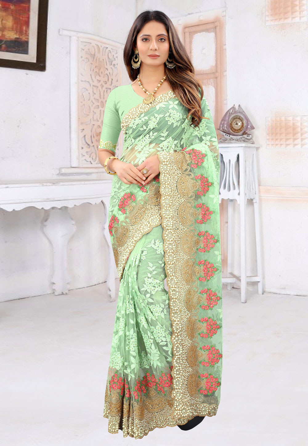 Pista Green Net Saree With Blouse 236892