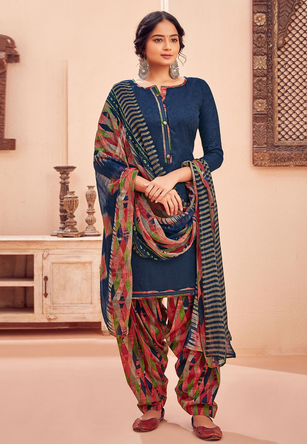 Navy Blue Jacquard Punjabi Suit 217443