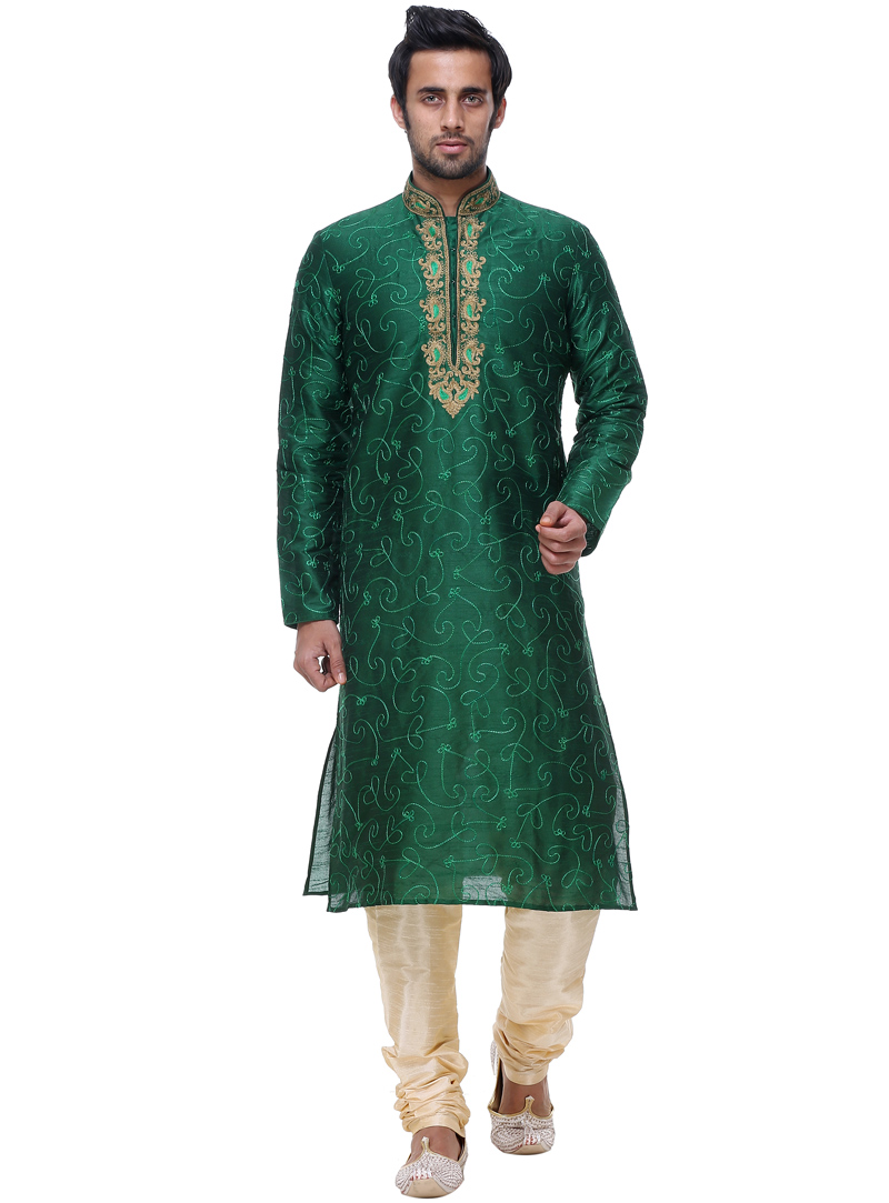 Green Silk Readymade Kurta Pajama 92930