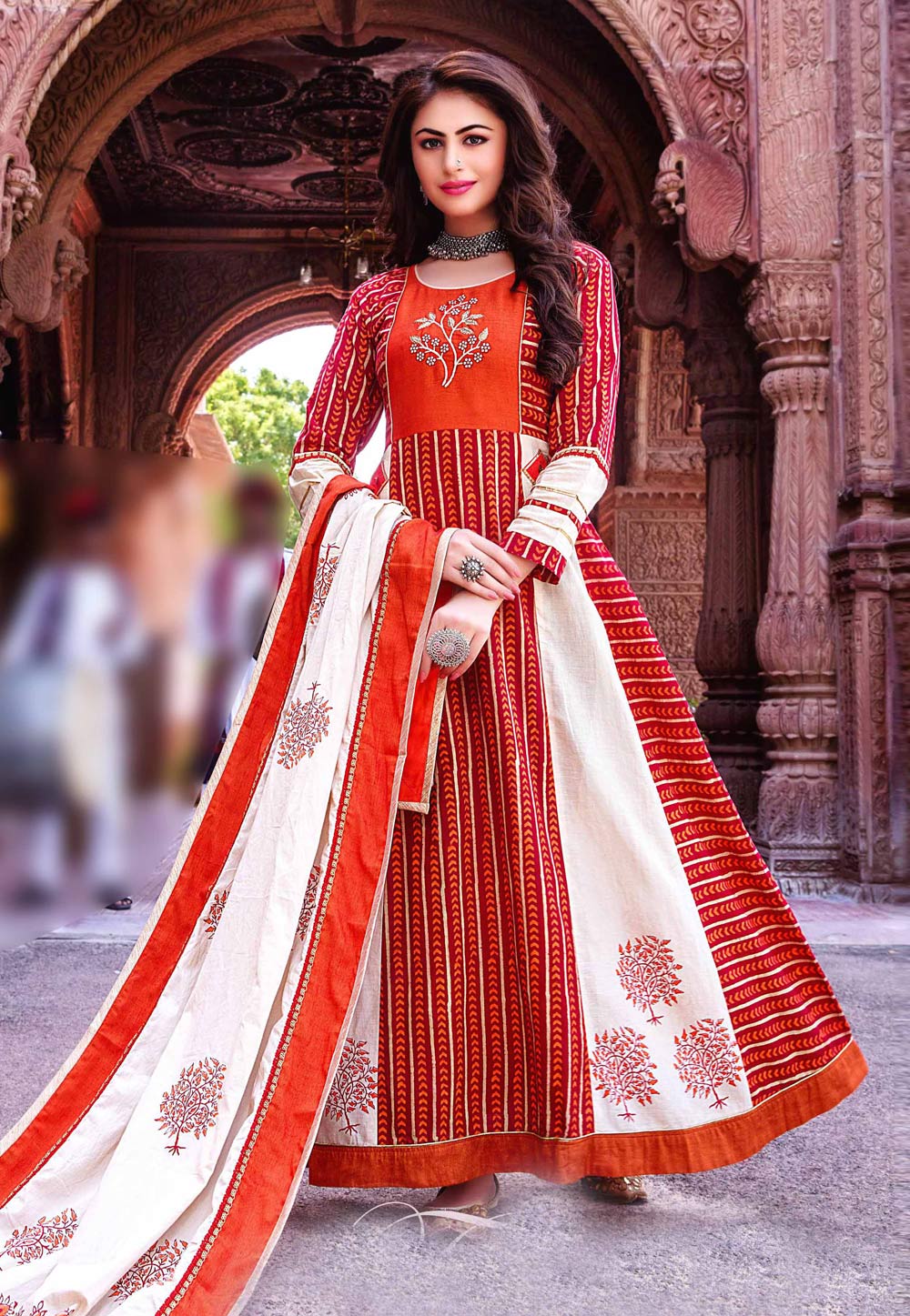 Red Lawn Cotton Readymade Ankle Length Anarkali Suit 217576