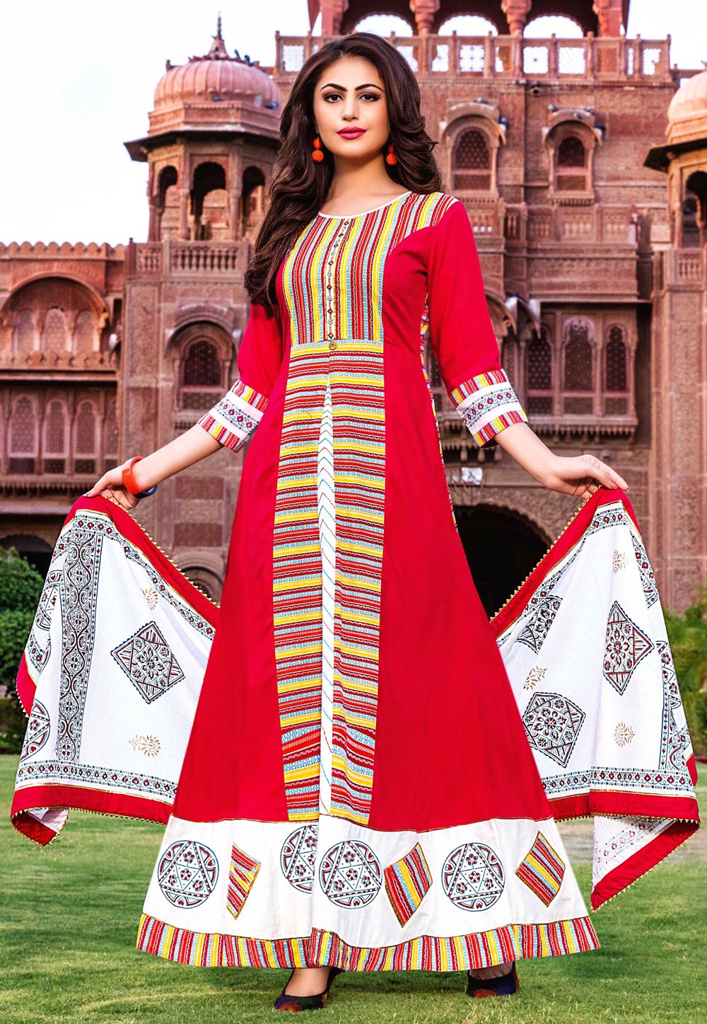 Red Lawn Cotton Readymade Abaya Style Anarkali Suit 217579