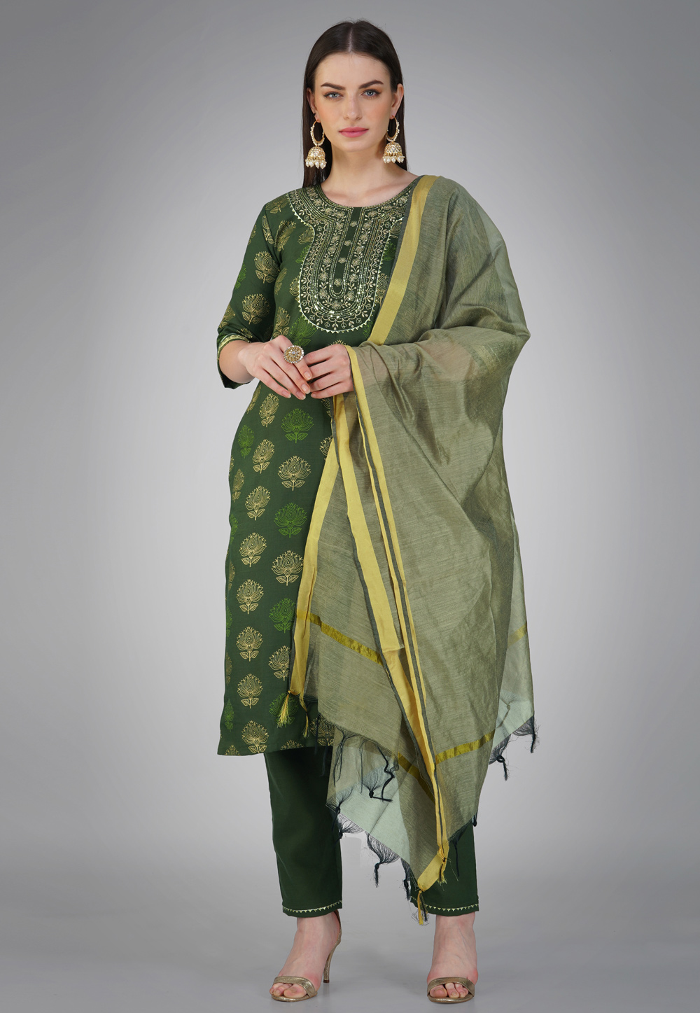 Green Cotton Readymade Pakistani Suit 276326