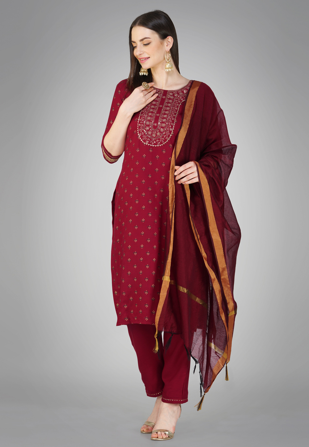 Maroon Cotton Readymade Pant Style Suit 276327