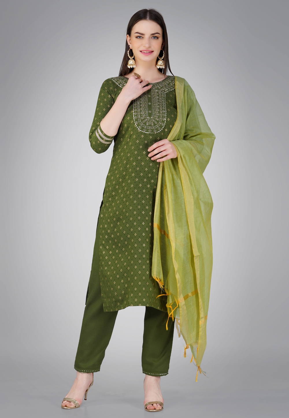Mehndi Cotton Readymade Pakistani Suit 276328