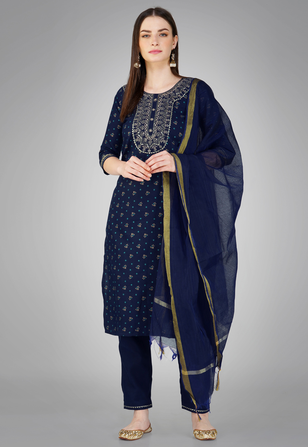 Navy Blue Cotton Readymade Pakistani Suit 276330