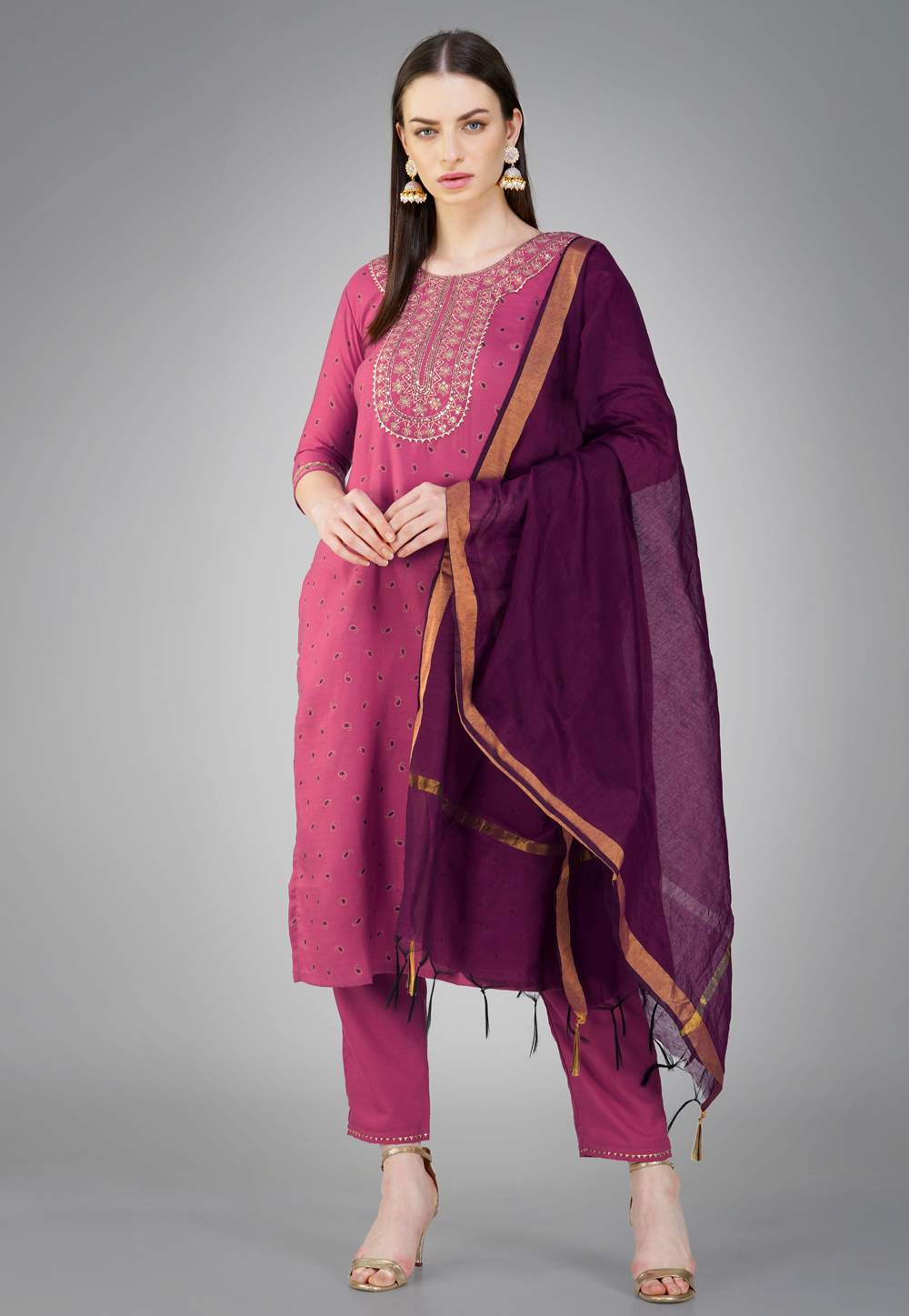 Pink Cotton Readymade Pant Style Suit 276333