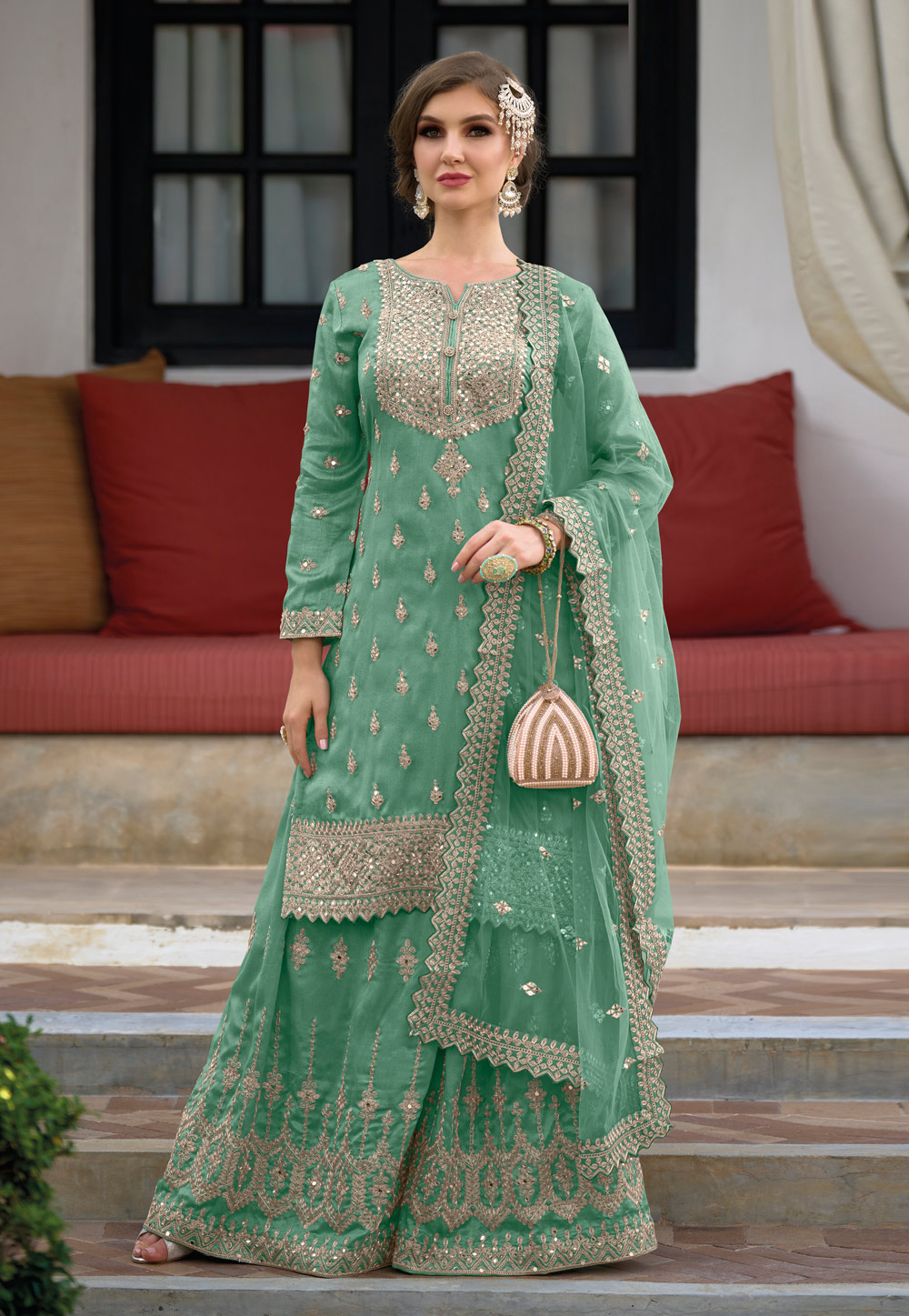 Sea Green Silk Embroidered Palazzo Suit 259649