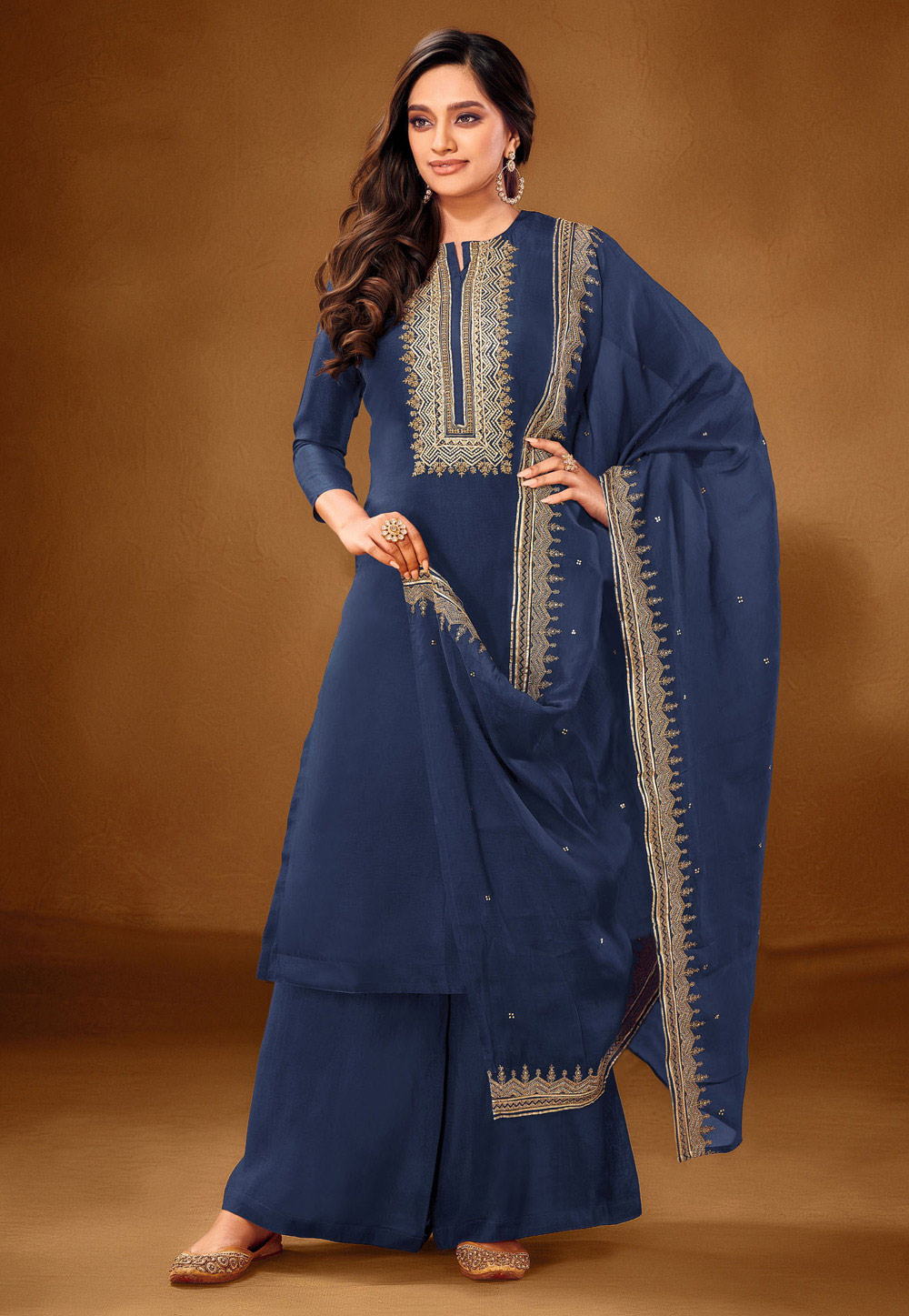 Navy Blue Cotton Kameez With Palazzo 217571