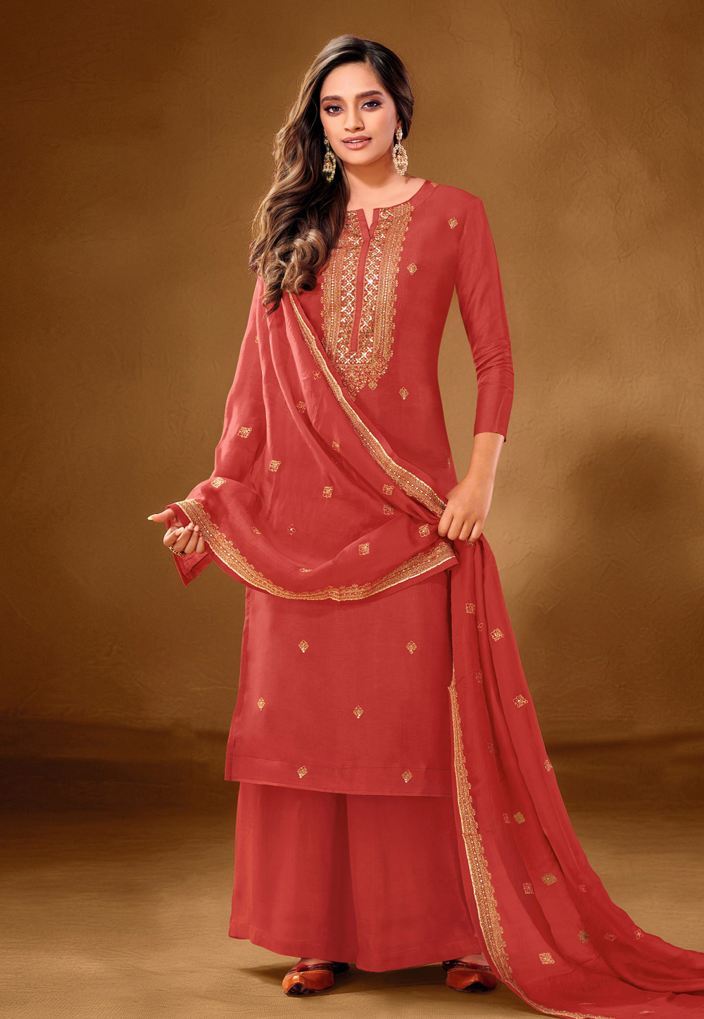 Red Cotton Palazzo Suit 217572