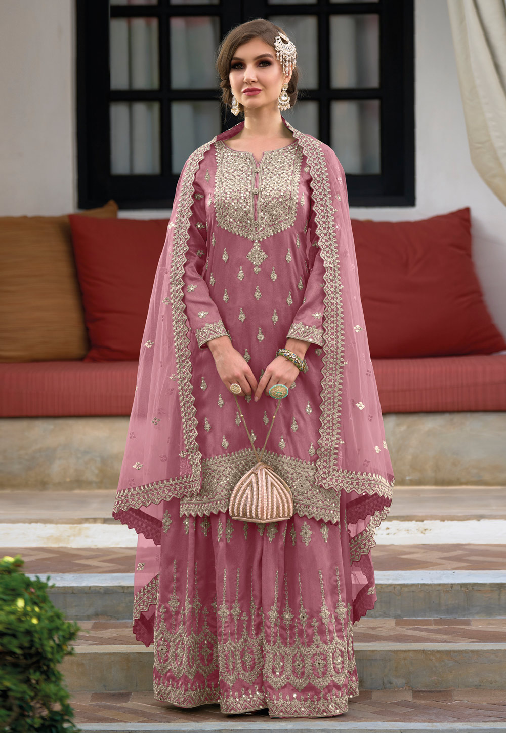 Pink Silk Embroidered Pakistani Suit 259650