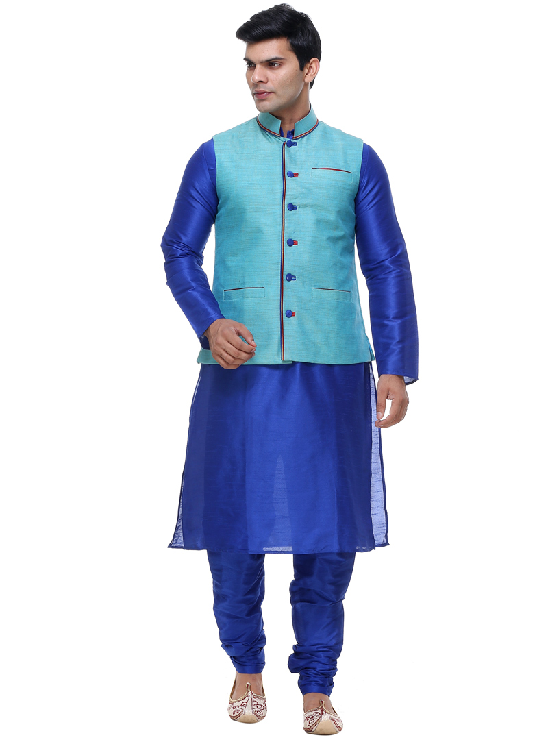 Blue Silk Readymade Kurta Pajama With Jacket 92933