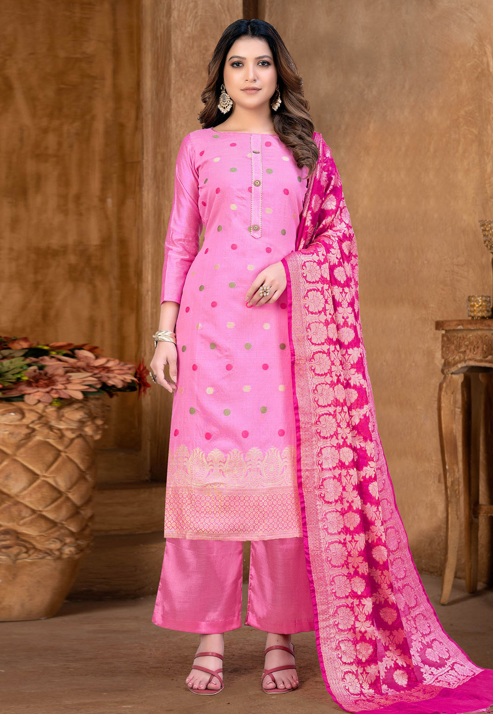 Pink Banarasi Jacquard Pakistani Suit 256443