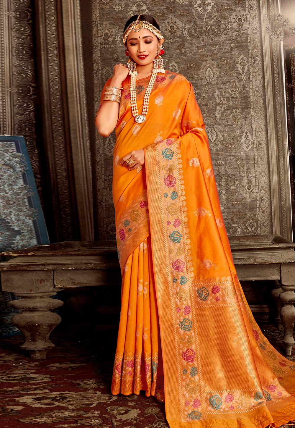 Orange Silk Saree With Blouse 218193