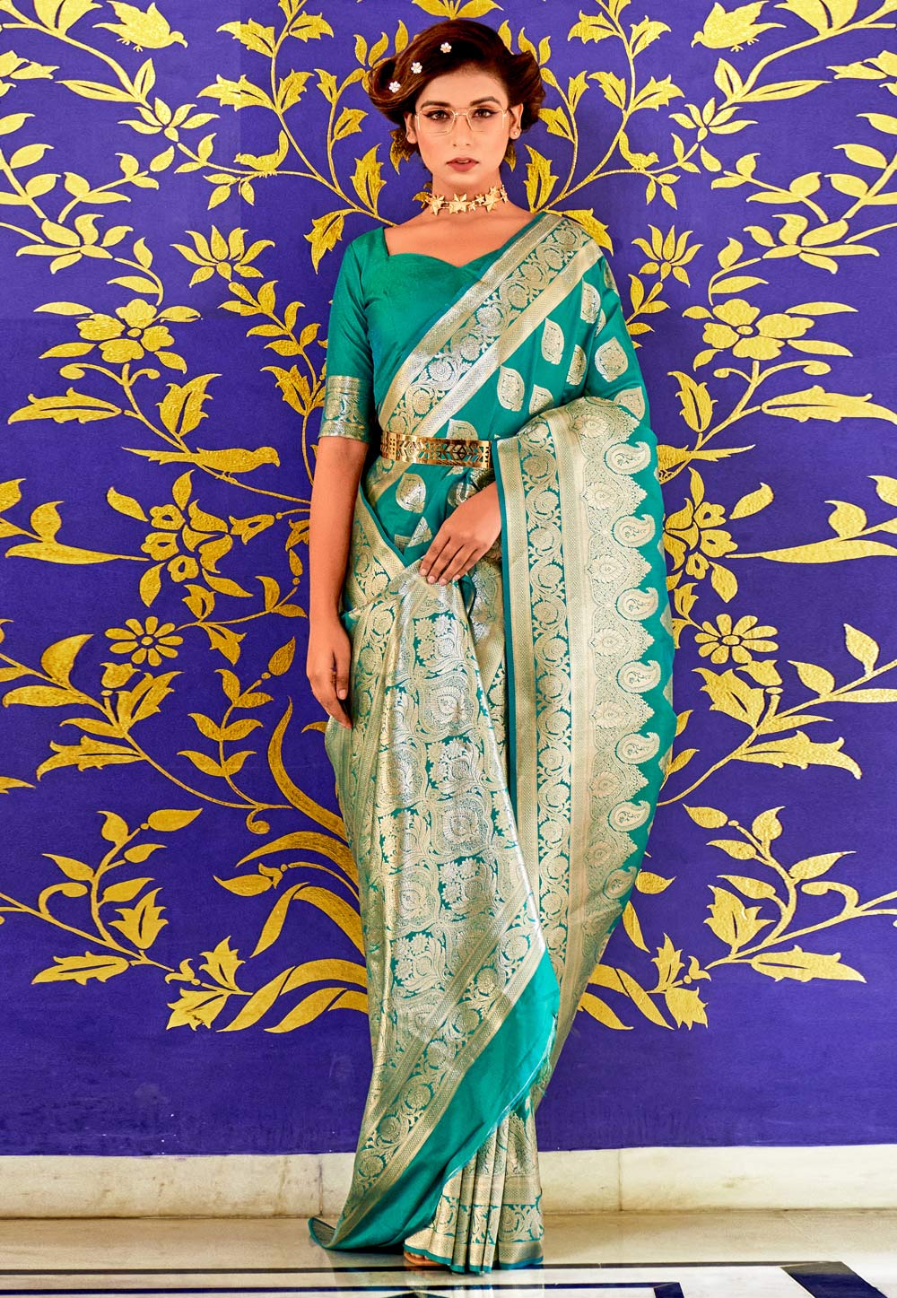 Turquoise Banarasi Silk Saree 268351