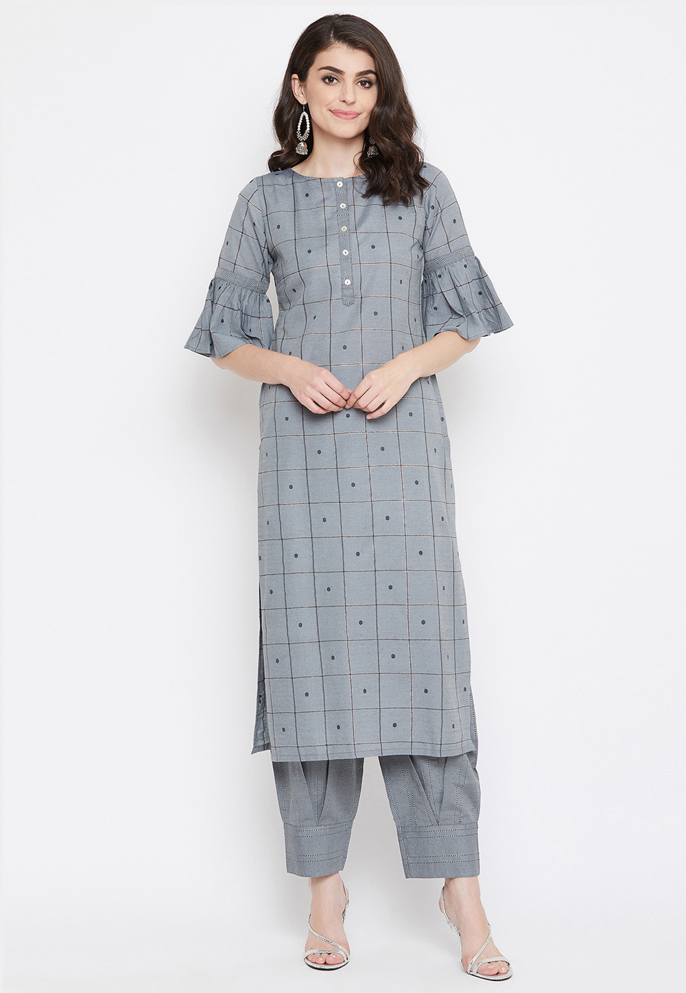 Grey Cotton Readymade Printed Kurta Set With Pant 207653