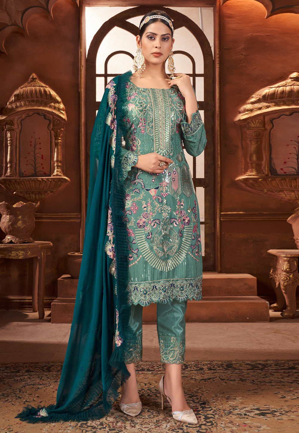 Sea Green Faux Georgette Pant Style Suit 245051