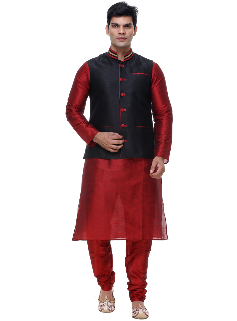 Red Silk Readymade Kurta Pajama With Jacket 92935