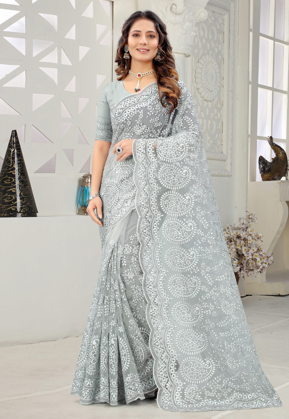 Grey & Red Color Linen Silk Digital Print Saree With Blouse