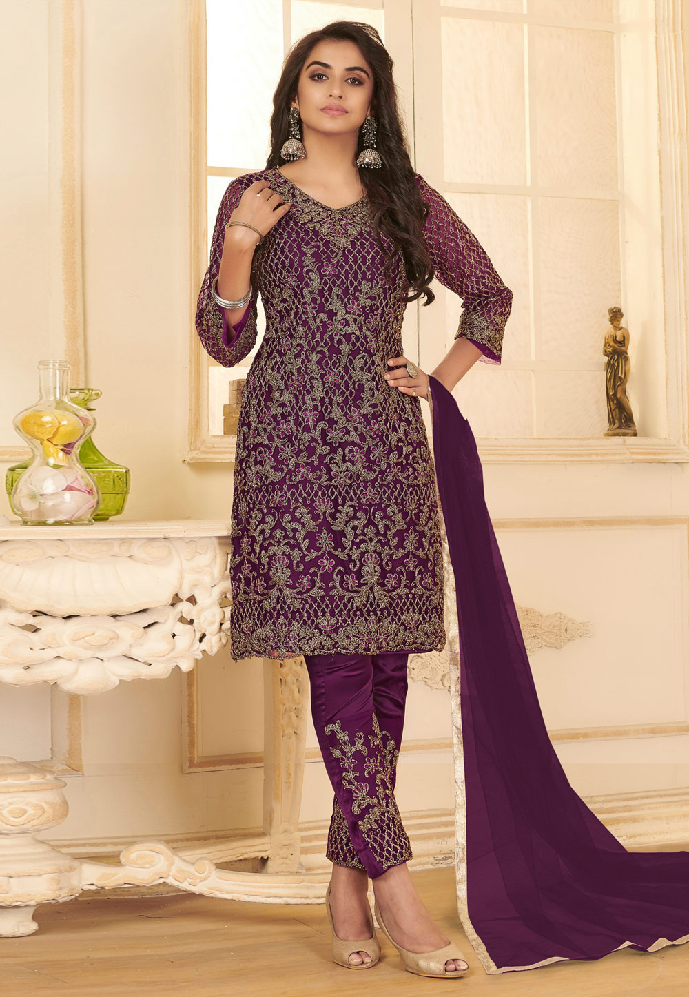 Purple Net Embroidered Pant Style Suit 234351