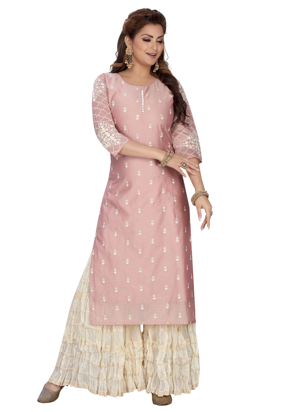 Pink Chanderi Kurta Set With Sharara 218162