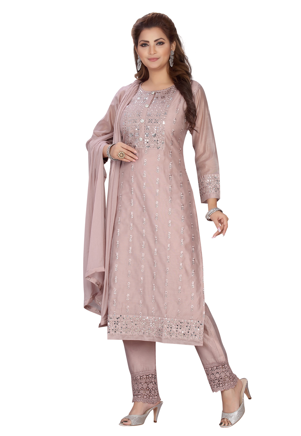Pink Chanderi Readymade Pant Style Suit 218164