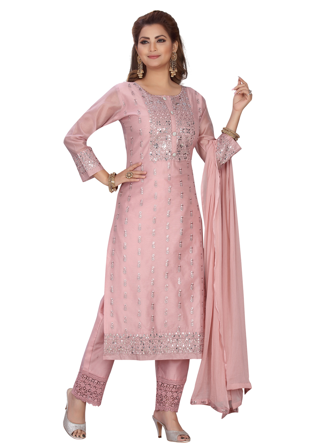 Pink Chanderi Readymade Pant Style Suit 218166