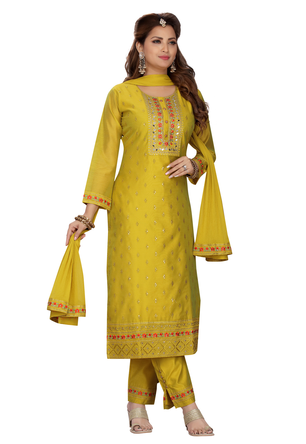 Mustard Chanderi Readymade Kameez With Pant 218169