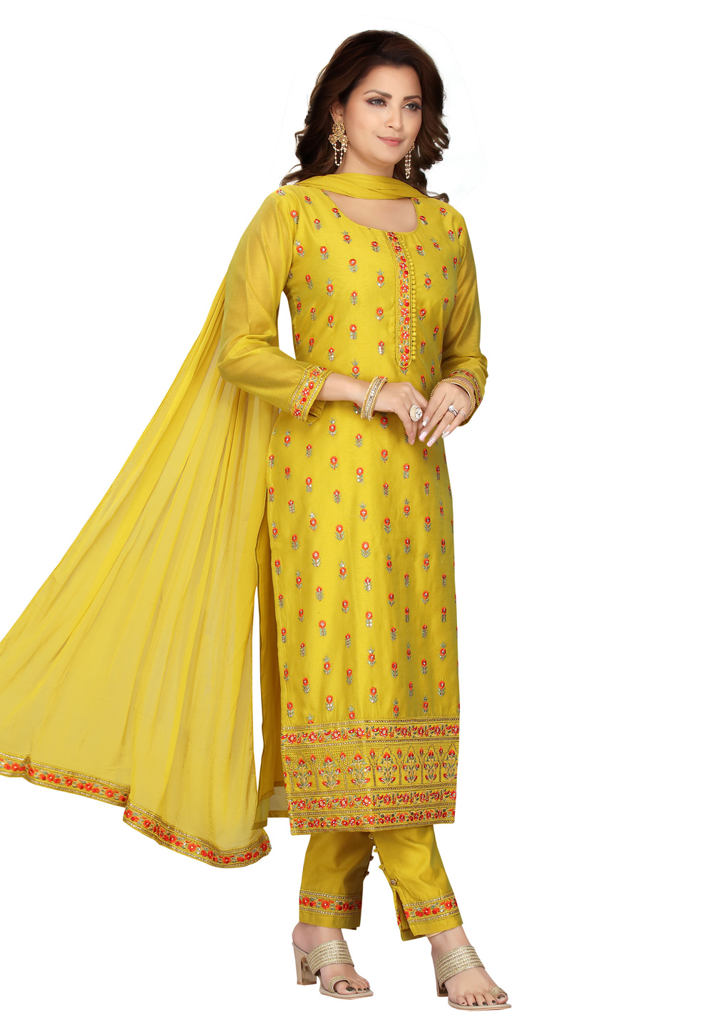 Yellow Chanderi Readymade Pant Style Suit 218174
