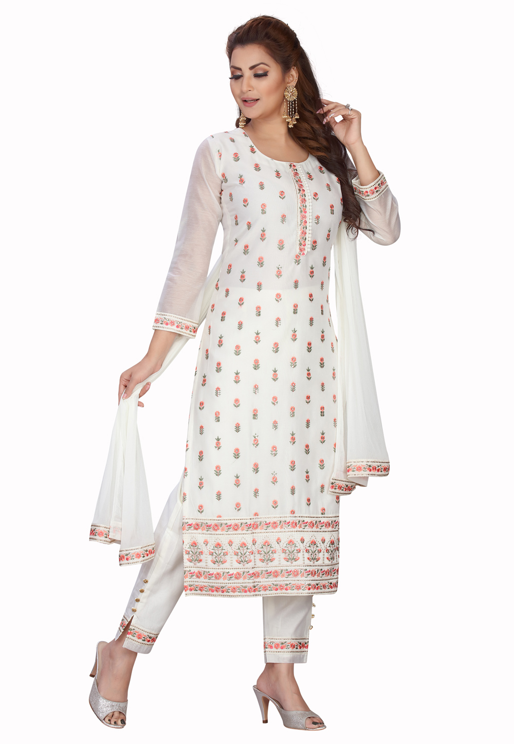 Off White Chanderi Readymade Pant Style Suit 218176
