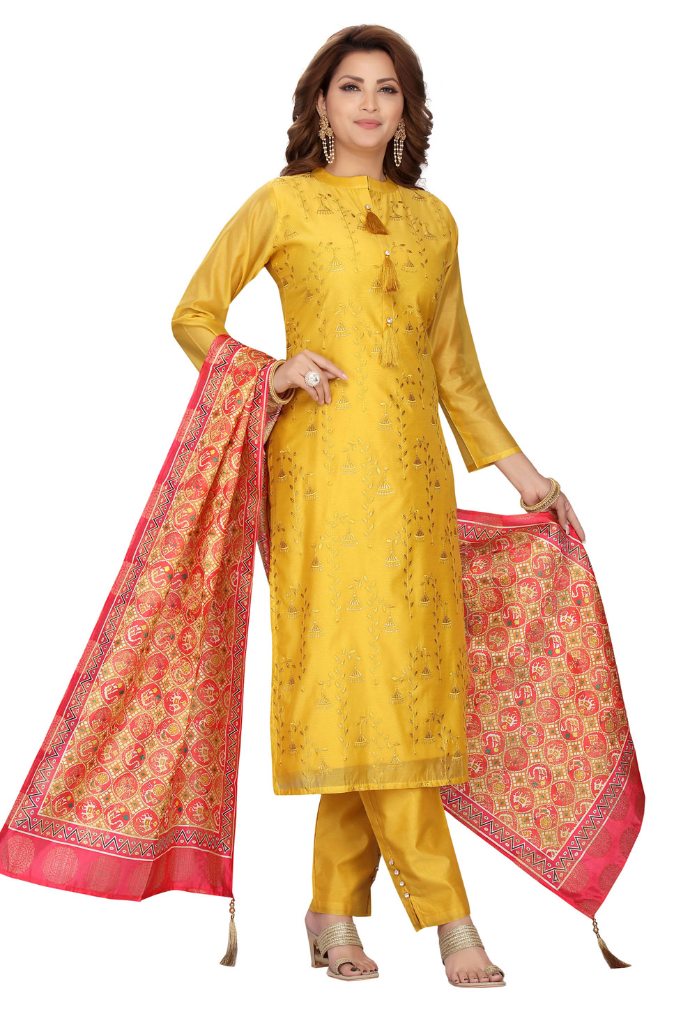 Yellow Chanderi Readymade Pant Style Suit 218178