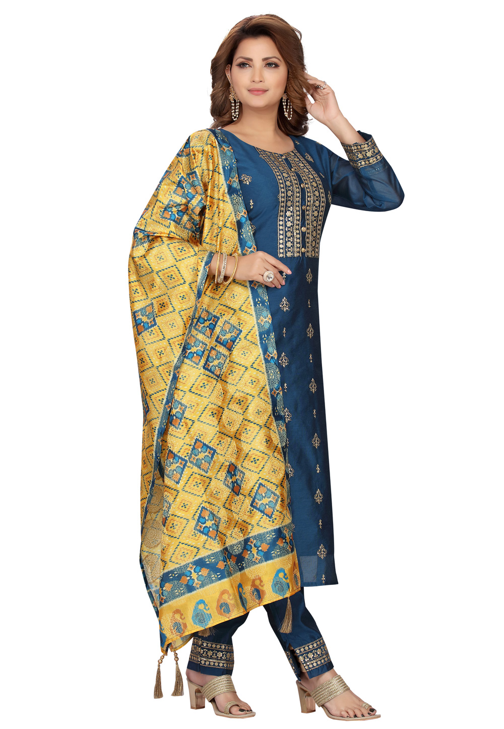 Blue Chanderi Readymade Kameez With Pant 218181
