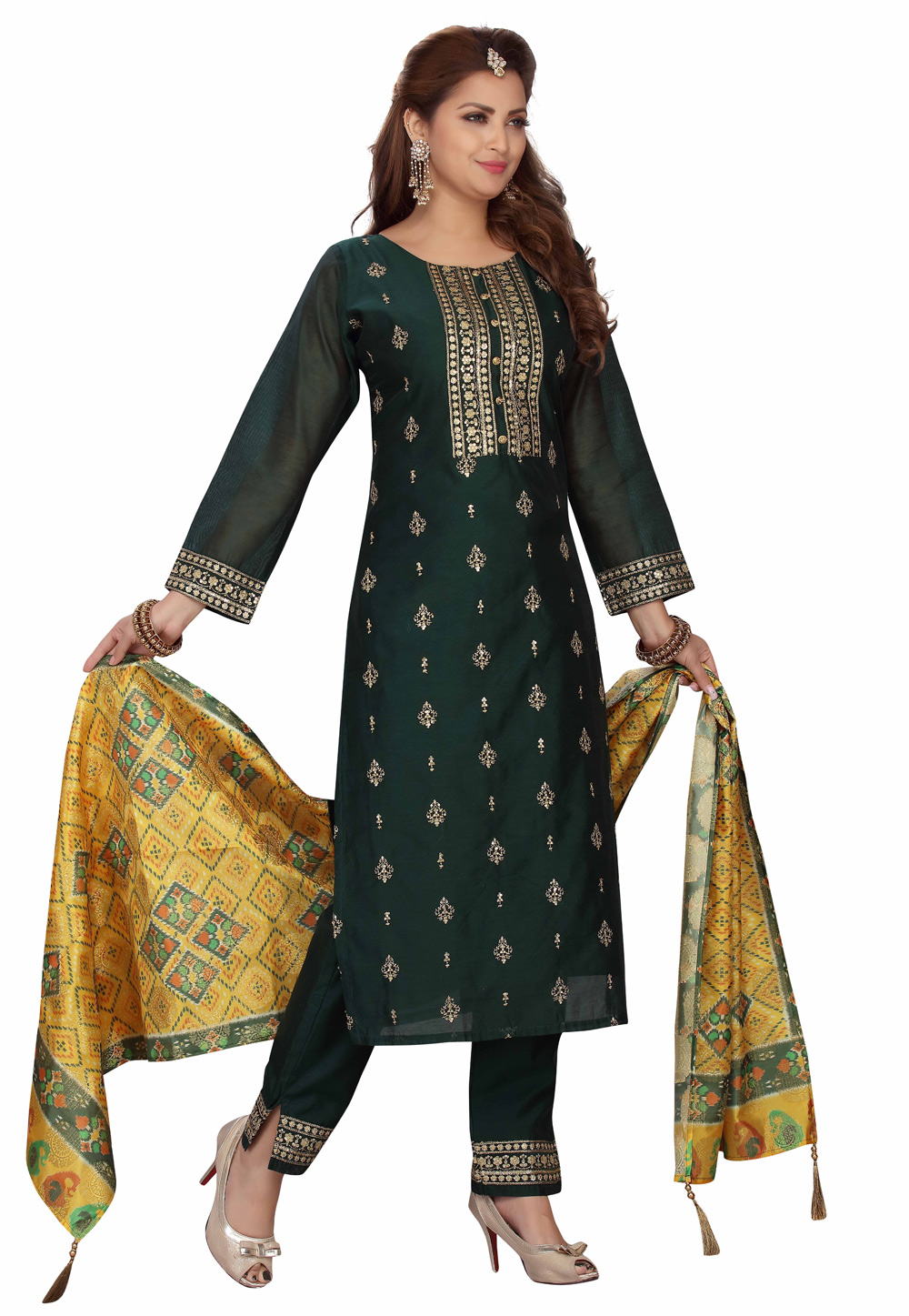Green Chanderi Readymade Pant Style Suit 218182