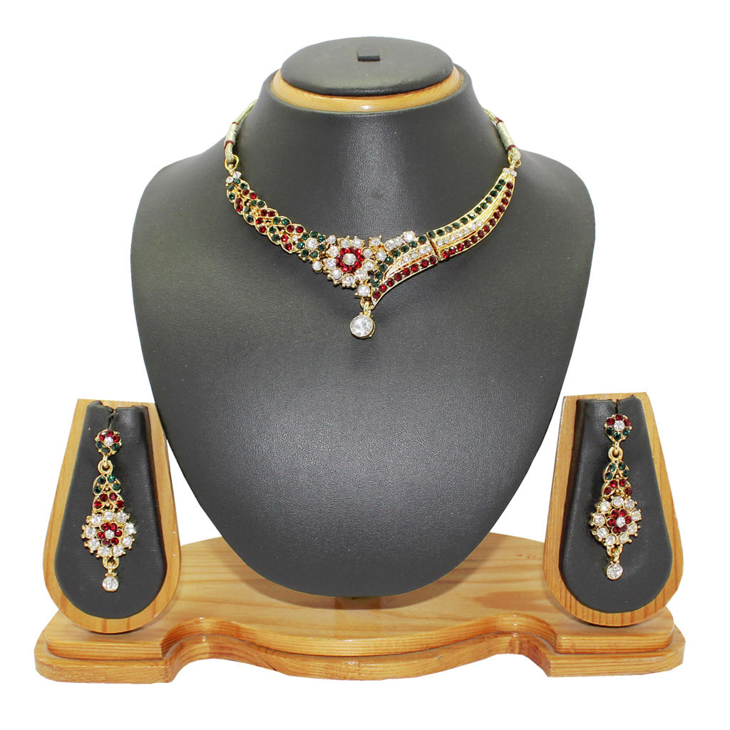 Maroon Alloy Austrian Diamonds Necklace With Earrings 64341