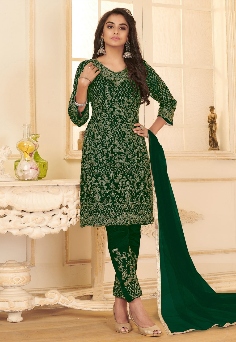 Green Net Embroidered Pant Style Suit 234352