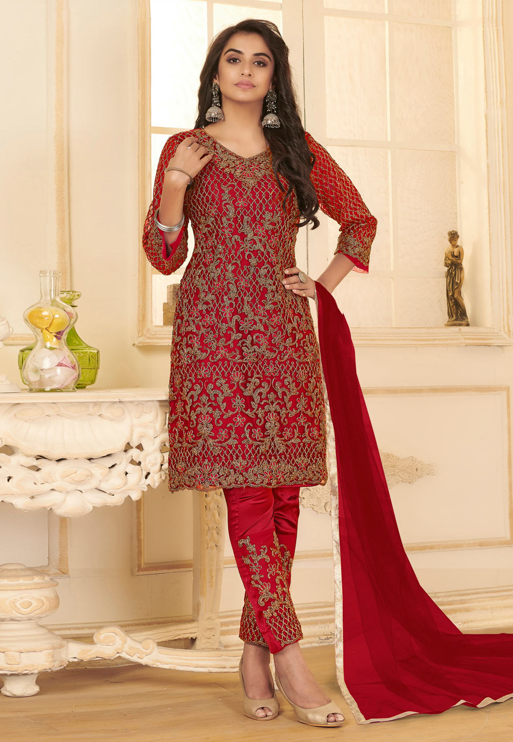 Magenta Net Embroidered Pant Style Suit 234353